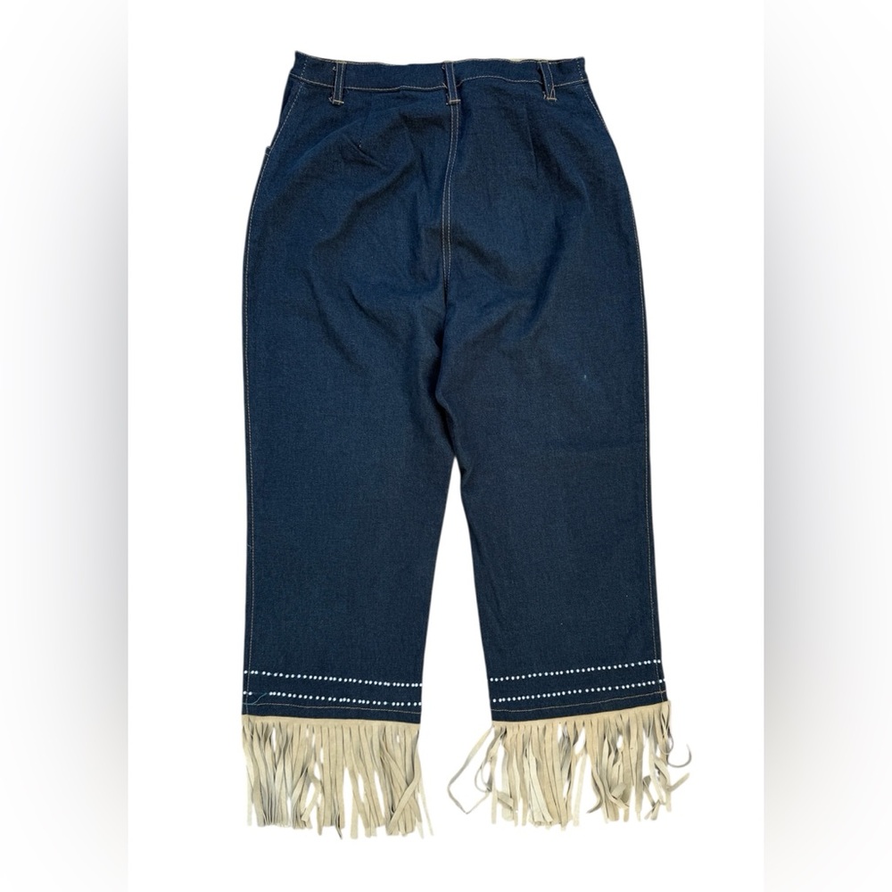 Taiga Women’s Western cowgirl Blue Denim Capri Pearls Suede Fringe Jeans Size 6 - Picture 2 of 11
